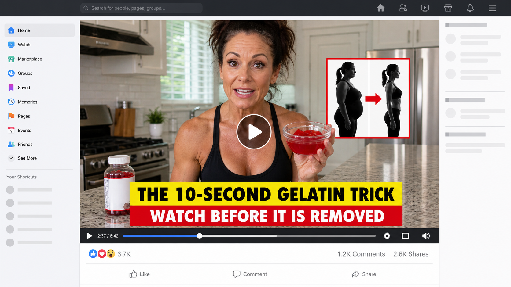 Jillian Michaels Gelatin Trick Scam: Fake AI Ads Exposed 1 Reconstruction of a fake Jillian Michaels gelatin trick social media ad using a fictional fitness presenter