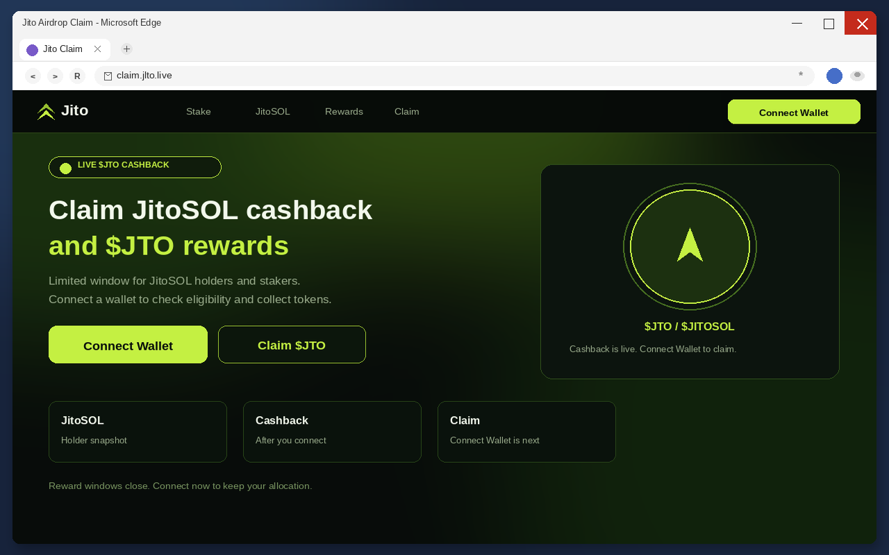 Jito Airdrop EXPOSED: Fake Claim Pages Drain Wallets 1 Fake Jito airdrop claim page with Connect Wallet