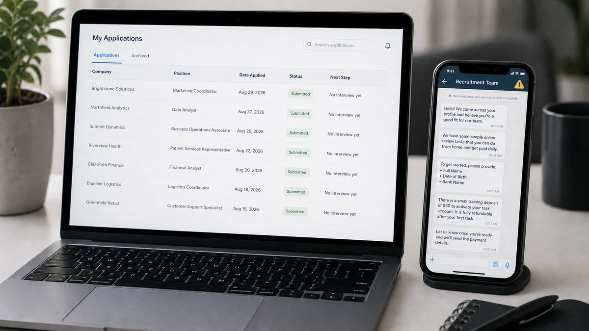 Job Review Robocall Sends Applicants Straight to WhatsApp 2 Realistic reconstruction of a WhatsApp job chat offering simple online tasks and requesting personal information