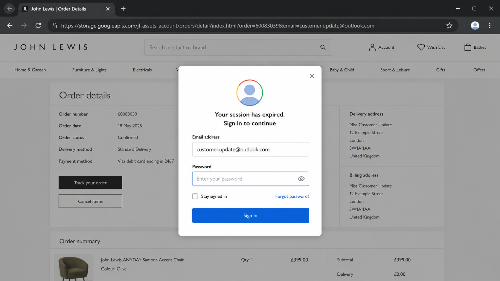 Fake session-expired screen requesting a Google password after a retail tracking click