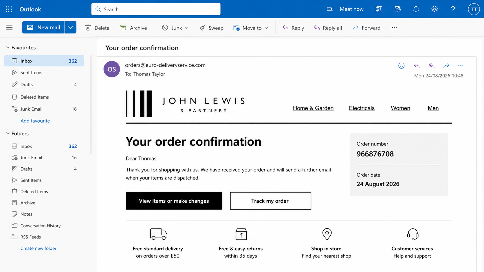 Unexpected John Lewis-style order email showing a tracking button