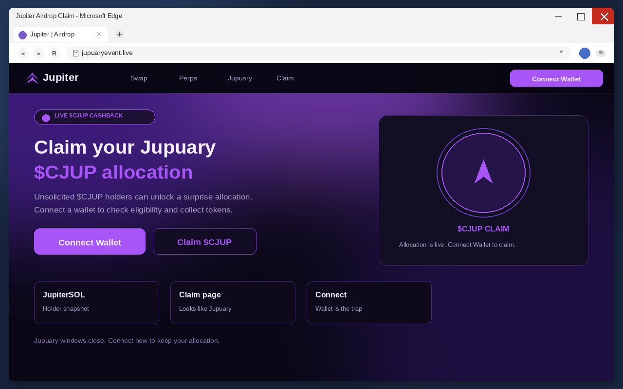 Jupiter Airdrop EXPOSED: Fake $CJUP Claim Pages Drain Wallets 1 Fake Jupiter airdrop claim page with Connect Wallet