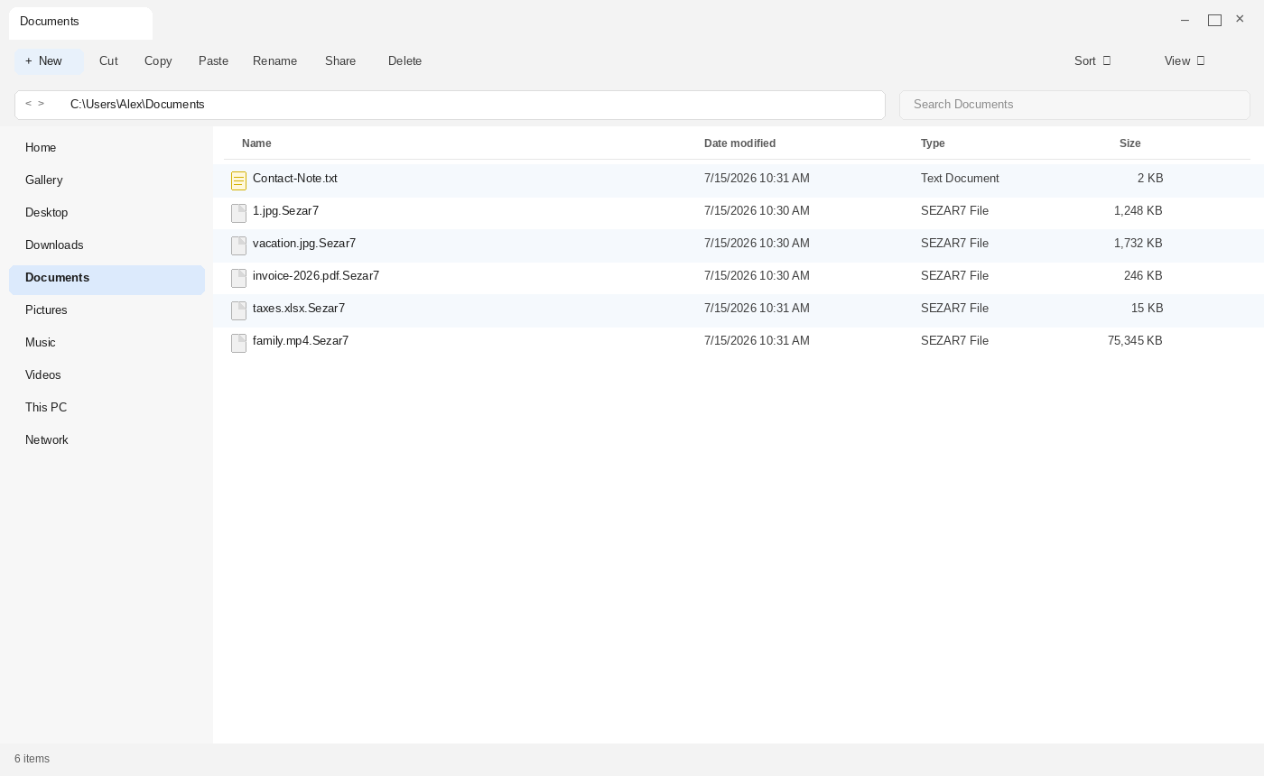 Encrypted files after KalinkaCrypt. The .Sezar7 names and Contact-Note.txt are the tell.