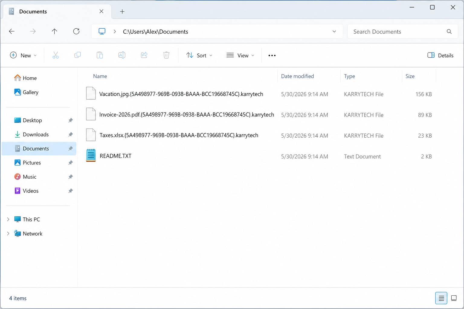 Files locked by KarryTech. A victim ID sits in the name, then .karrytech. README.TXT is the note.
