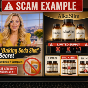 Illustration of the Kelly Clarkson baking soda shot scam funnel promoting AlkaSlim through a fake celebrity endorsement