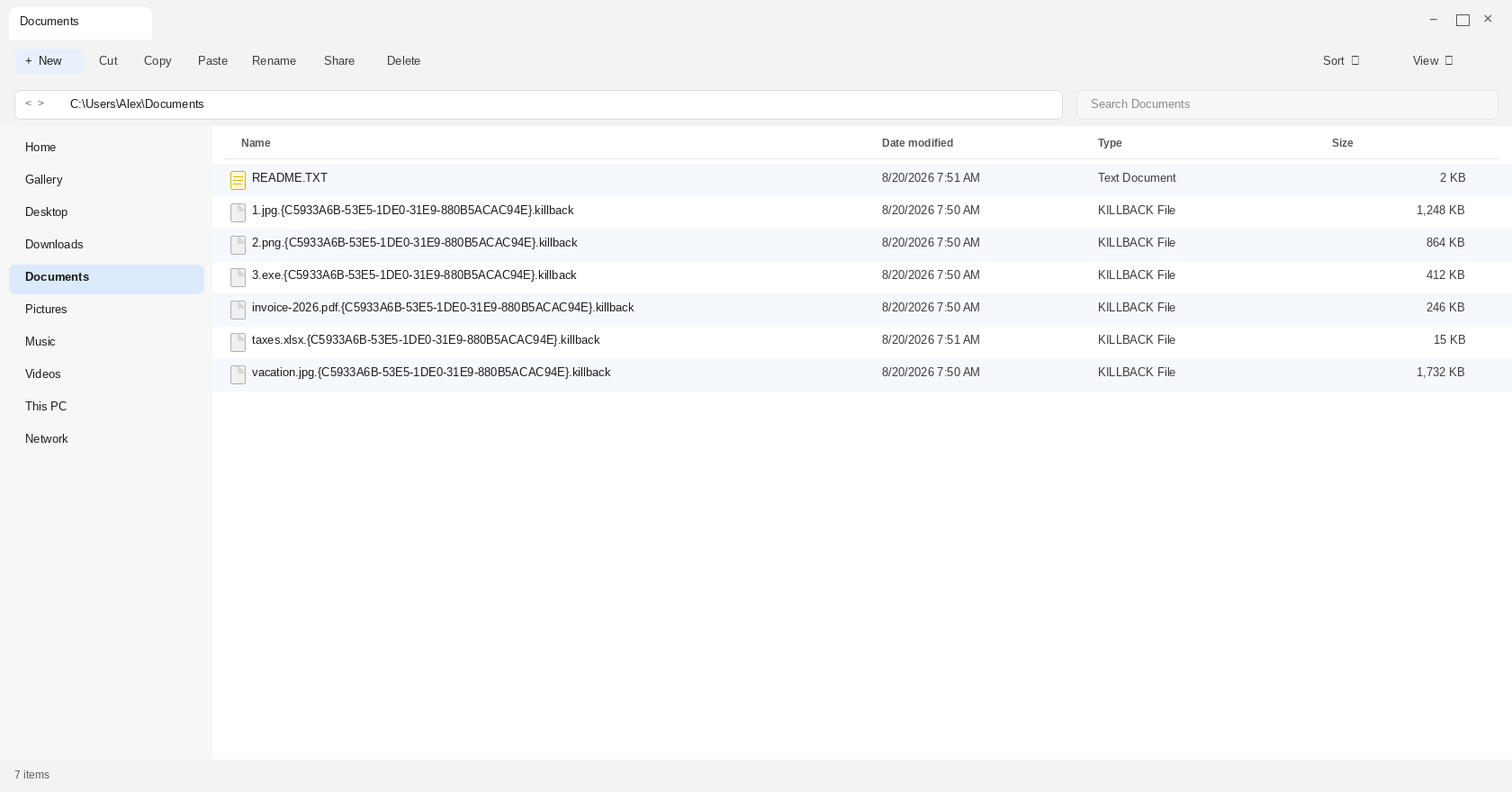 Encrypted files after KillBack. The ID plus .killback names and README.TXT are the tell.