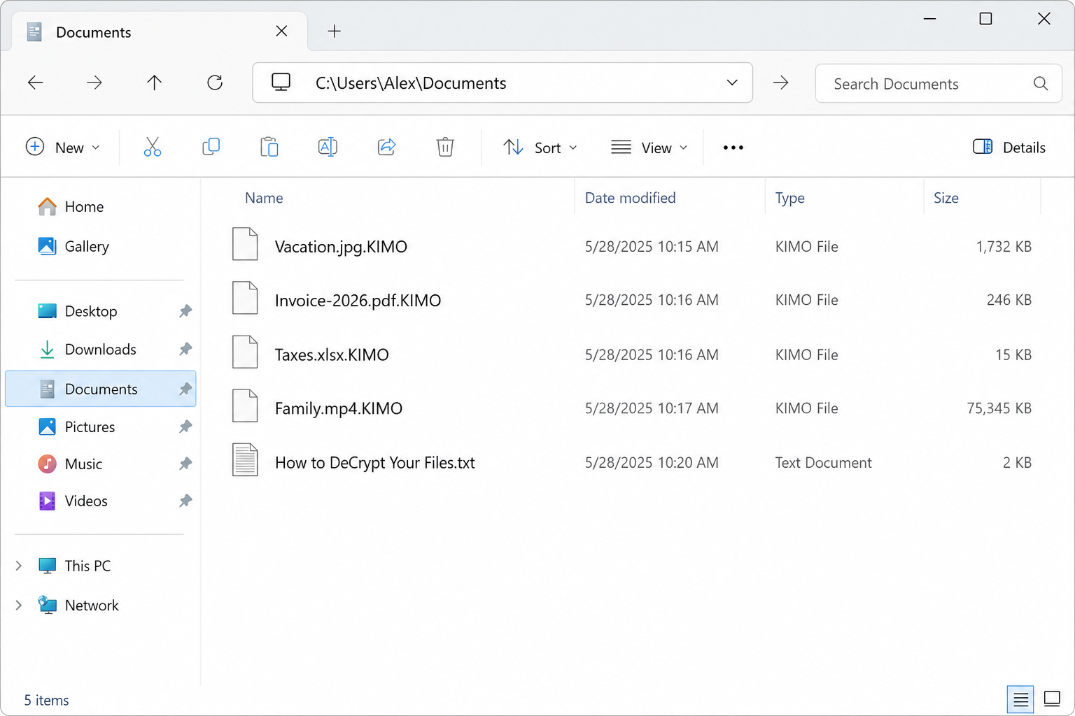 Files locked by KIMO. The names stay, then .KIMO is added. The text file is the note.