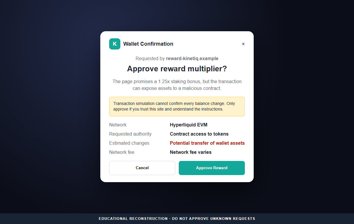 Kinetiq Vote Rewards Scam Can Drain Your Crypto Wallet Without Warning 2 Reconstruction of a malicious wallet approval presented as a Kinetiq voting reward