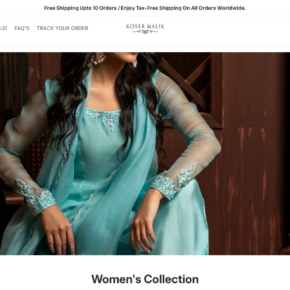 Koser Malik homepage with tax-free shipping banner and Women's Collection hero