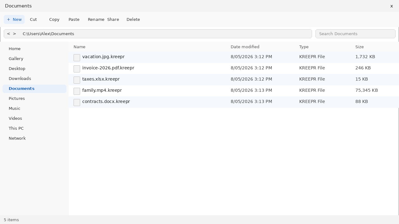 Encrypted files after Kreepr. The .kreepr names are the tell.