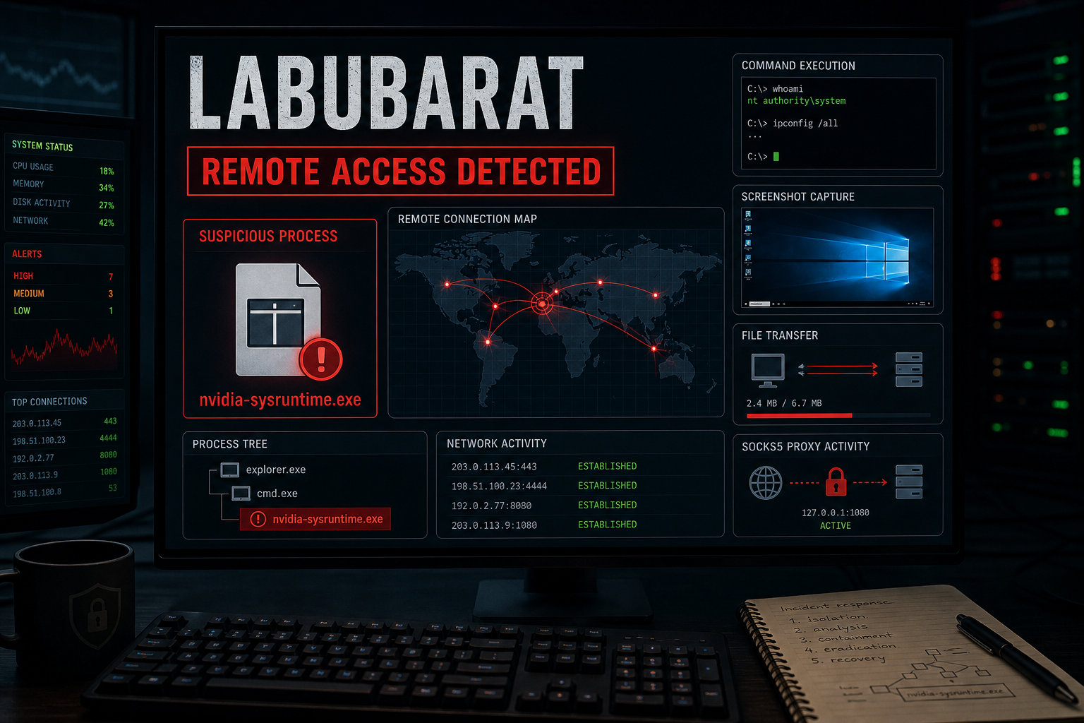 LabubaRAT malware analysis showing the fake nvidia-sysruntime.exe process and remote access activity