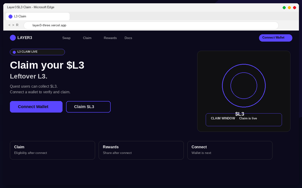 Fake Layer3 $L3 airdrop claim page with Connect Wallet