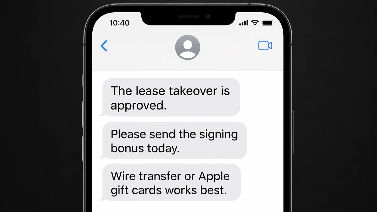 Realistic reconstruction of a lease takeover text requesting a signing bonus by wire transfer or Apple gift cards