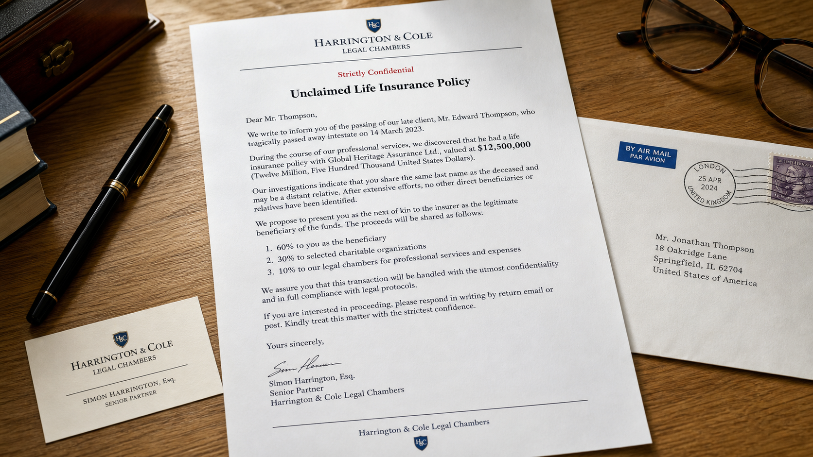 Realistic formal letter from a fictional law firm claiming a namesake left an unclaimed life insurance policy