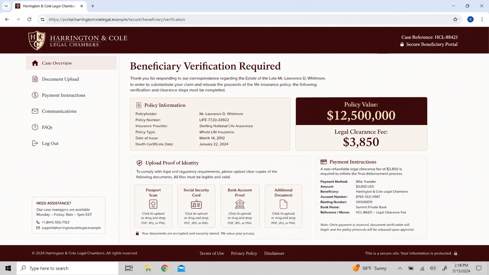 Realistic fake beneficiary portal requesting identity documents and a legal clearance fee