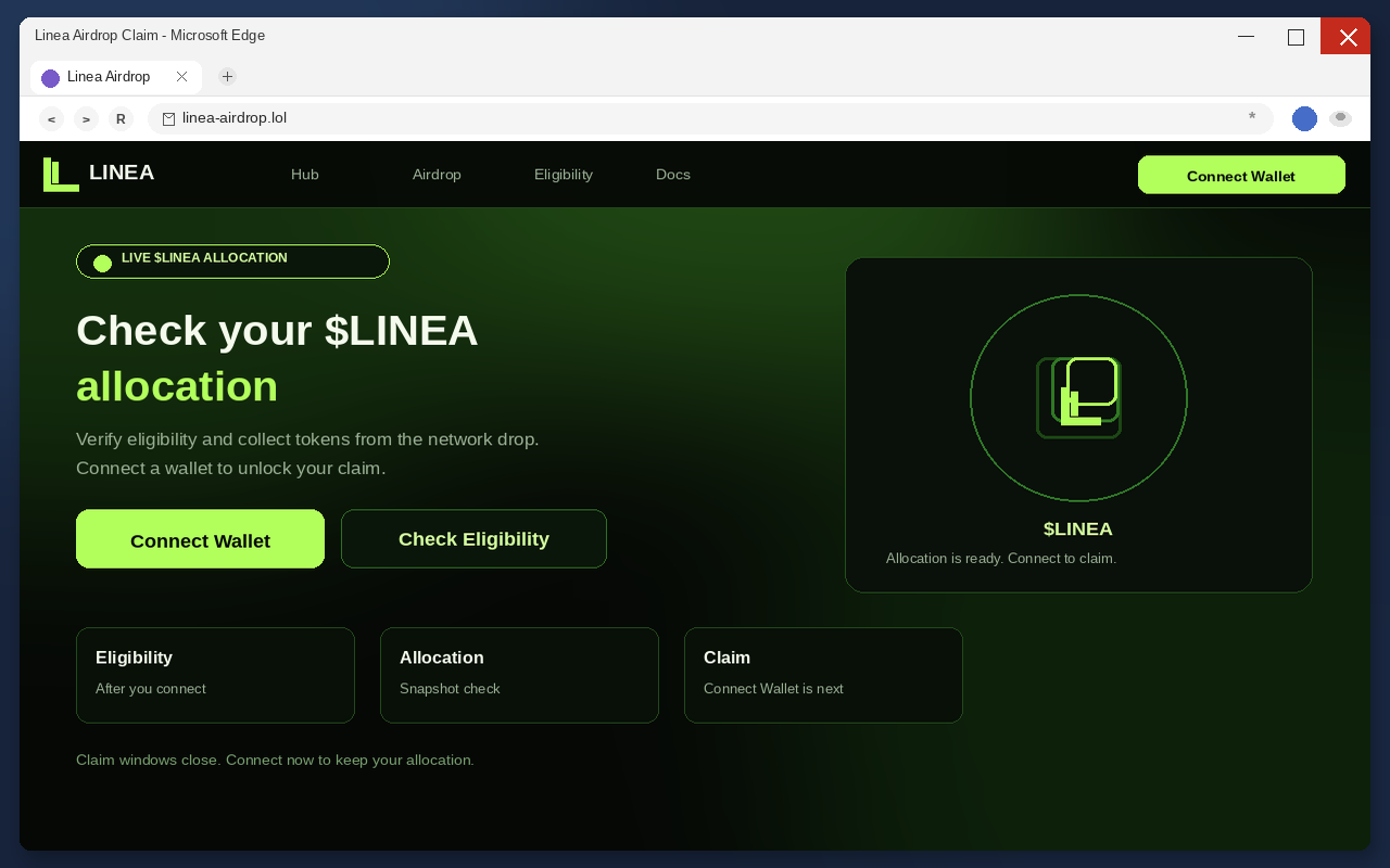 Linea Airdrop EXPOSED: Fake Claim Pages Drain Wallets 1 Fake Linea airdrop claim page with Connect Wallet