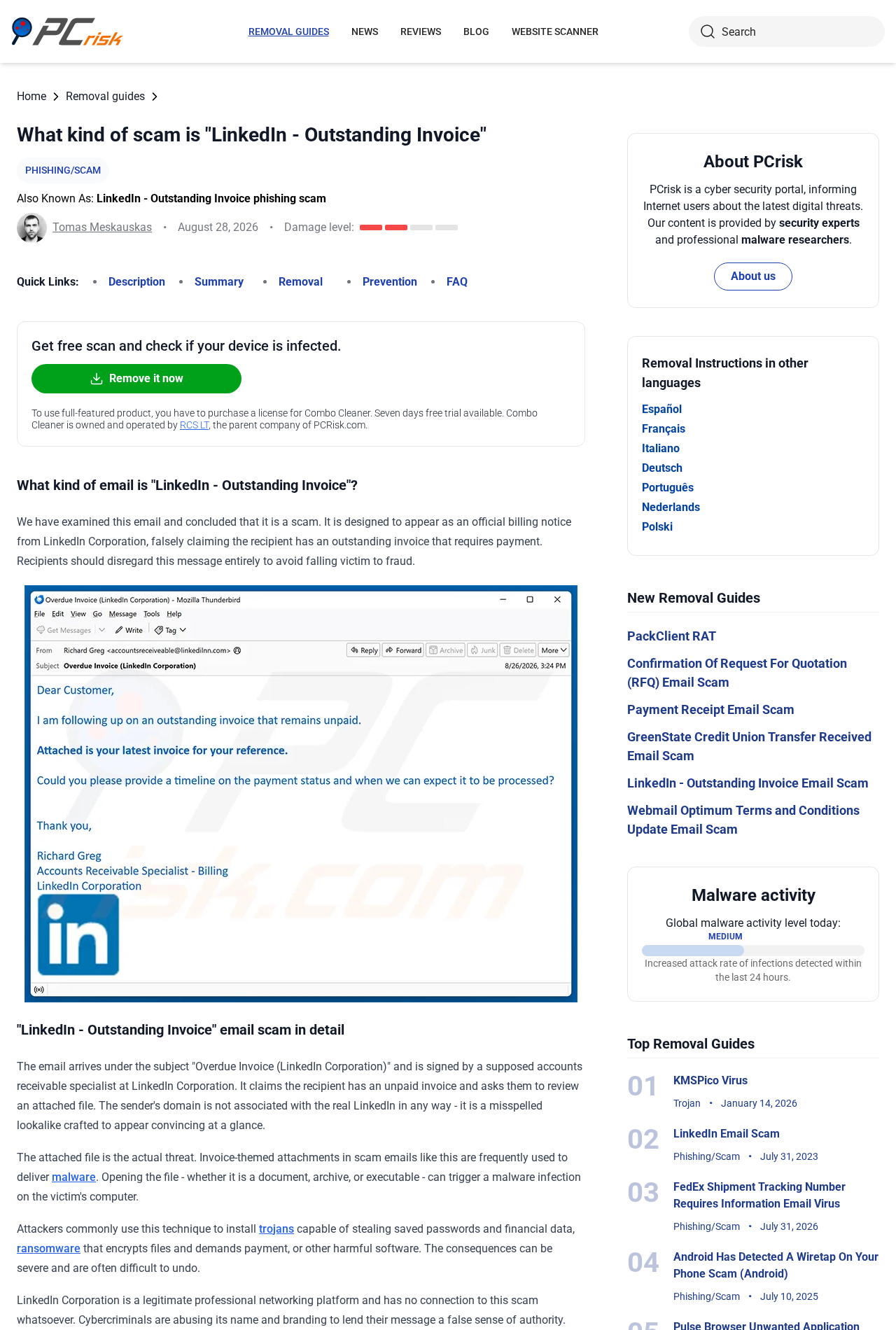 Security analysis page showing the fake LinkedIn outstanding invoice email and attachment