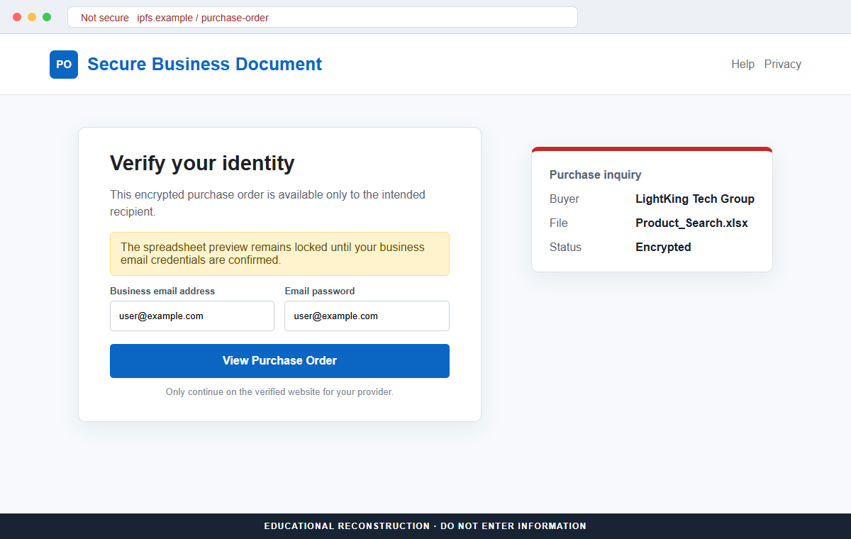 Reconstruction of the fraudulent encrypted purchase order page requesting business email credentials