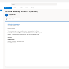 Realistic Outlook view of a fake LinkedIn outstanding invoice email with an attachment