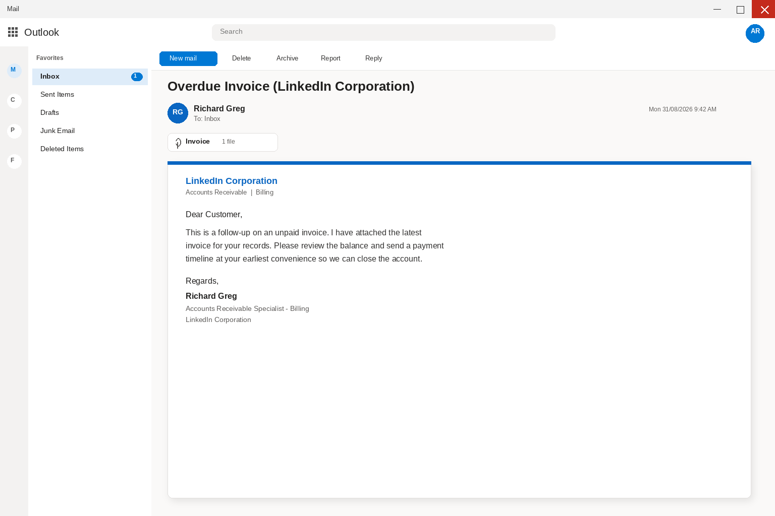 Realistic Outlook view of a fake LinkedIn outstanding invoice email with an attachment