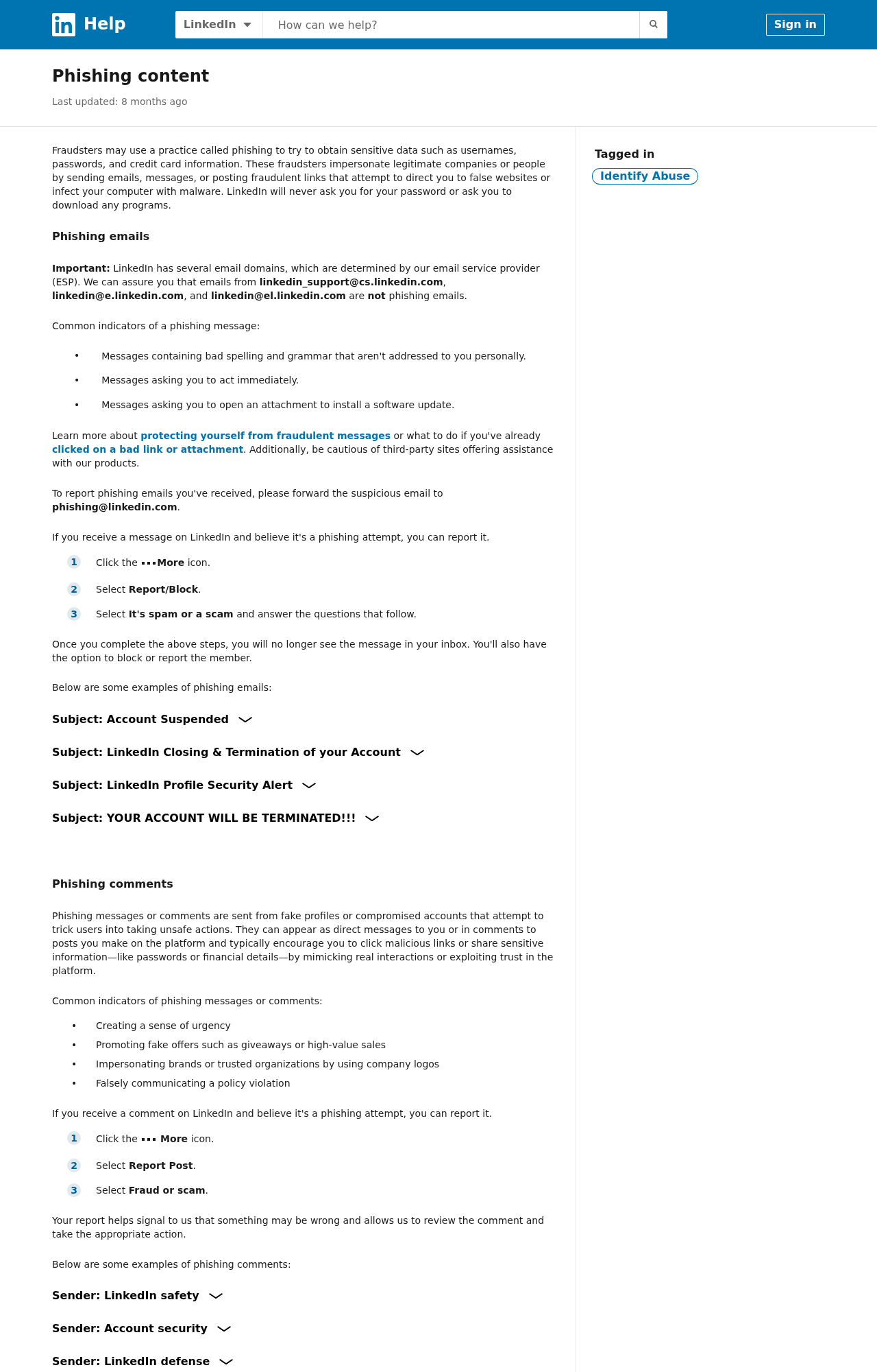 Official LinkedIn Help page explaining phishing signs and how to report suspicious emails
