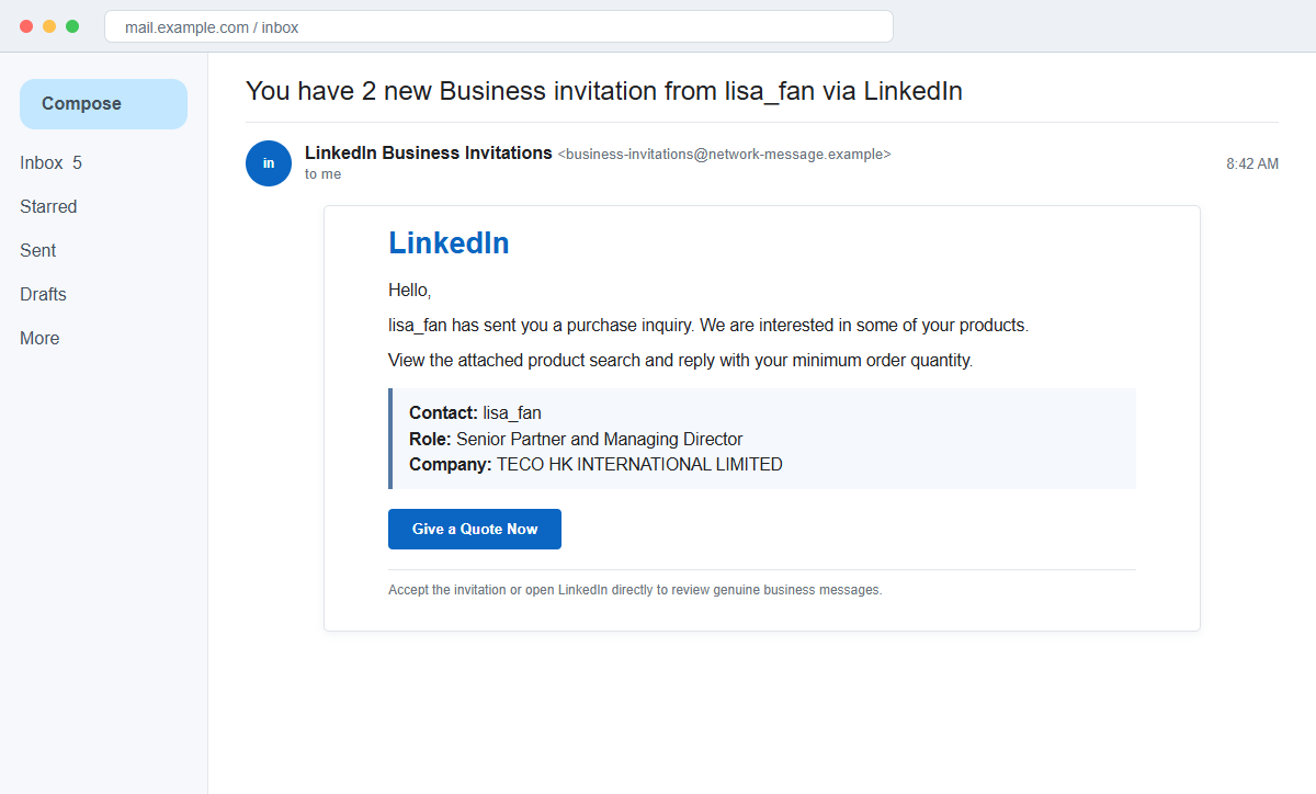 Reconstruction of a fake LinkedIn business invitation containing a purchase inquiry