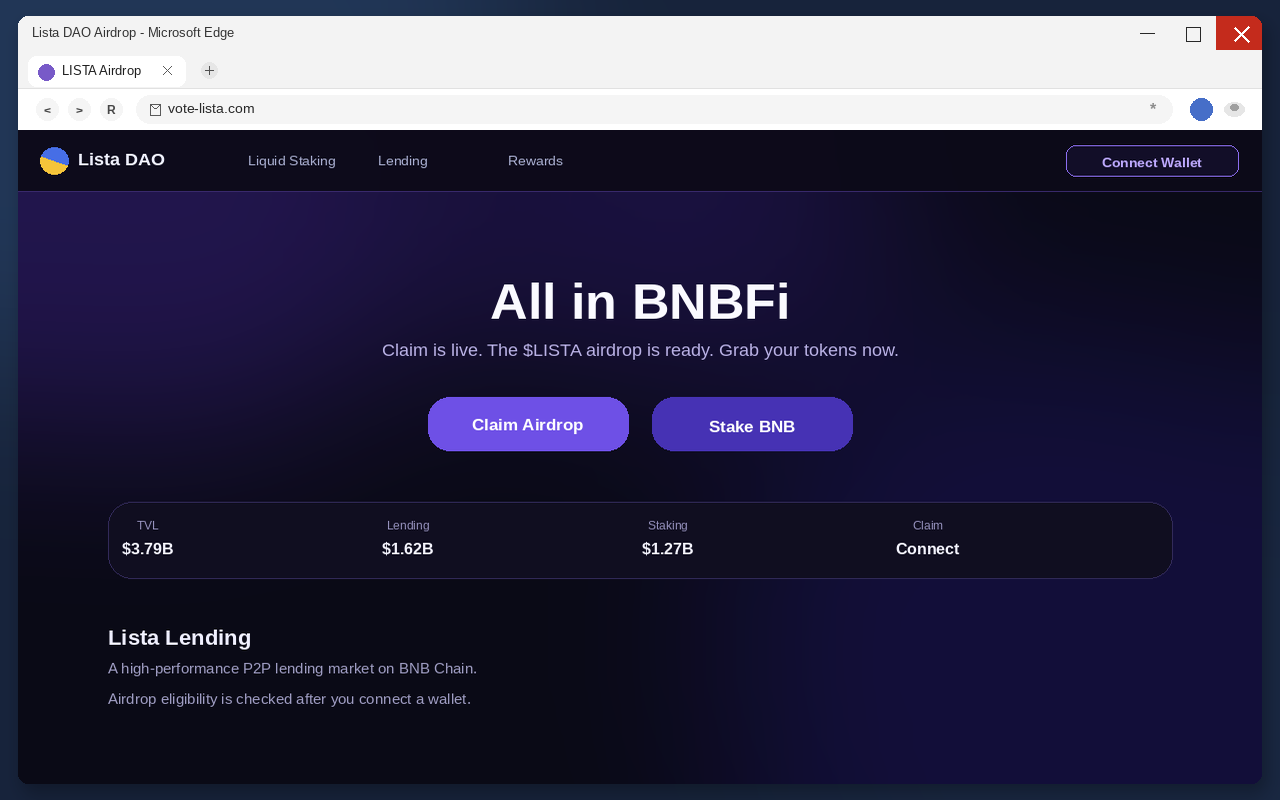 Lista DAO Airdrop EXPOSED: Fake $LISTA Claim Pages Drain Wallets 1 Fake $LISTA airdrop claim page with Claim Airdrop and Connect Wallet