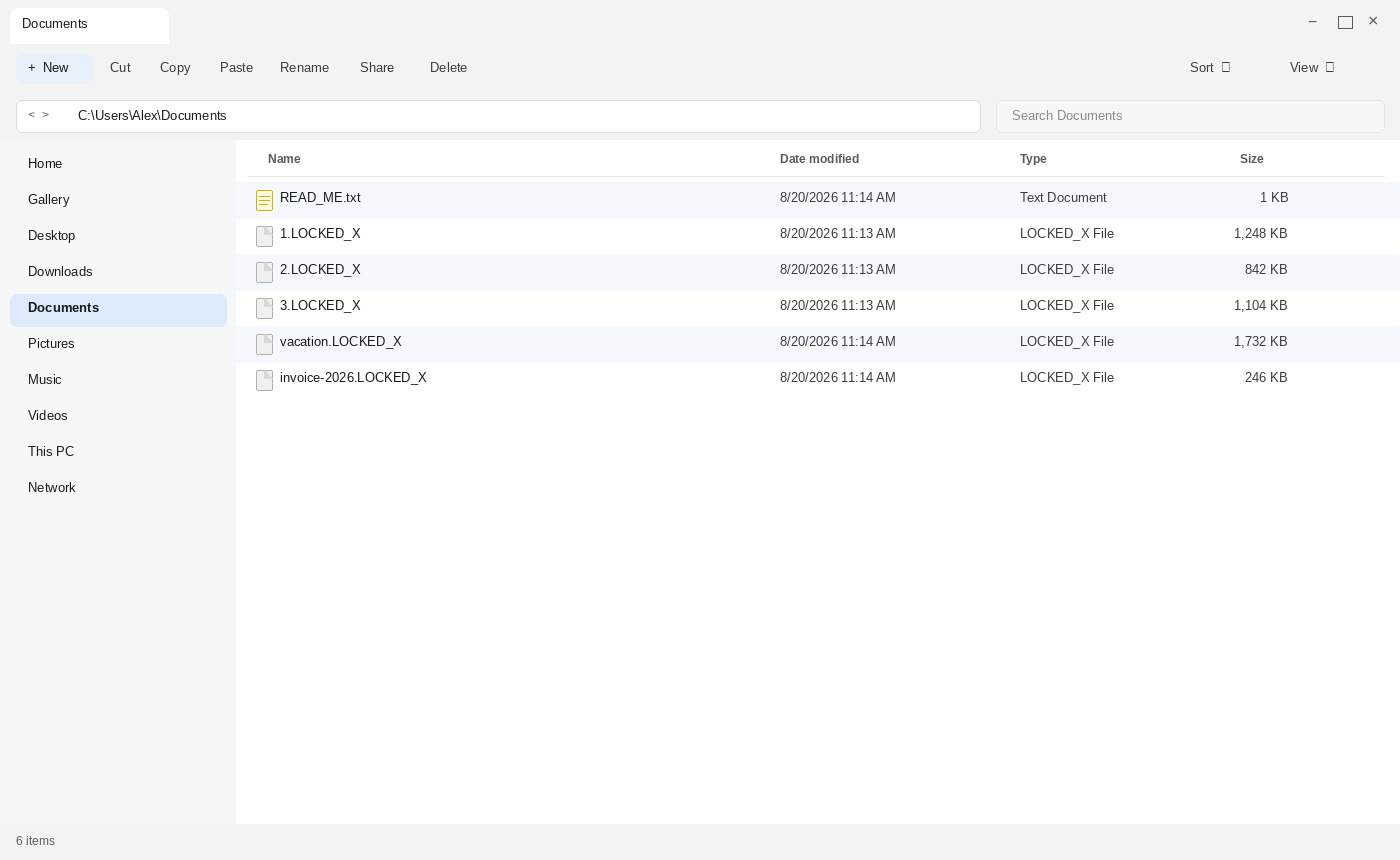 Encrypted files after LOCKED_X. The .LOCKED_X names and READ_ME.txt are the tell.