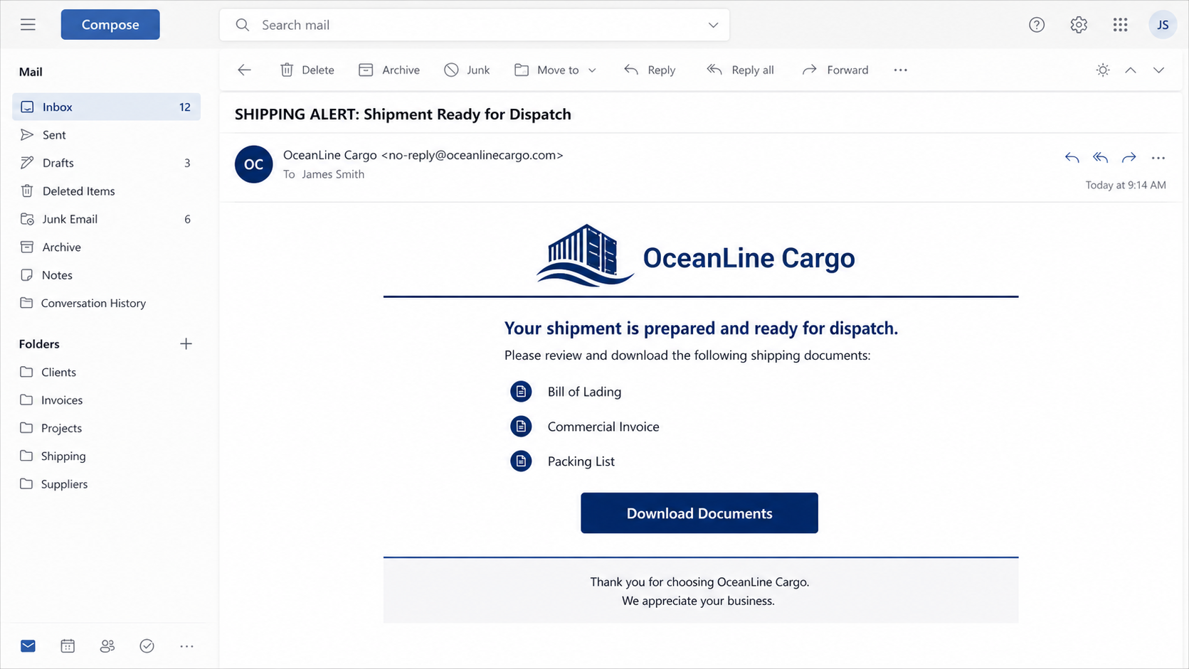 Reconstructed MAERSK shipment ready for dispatch phishing email