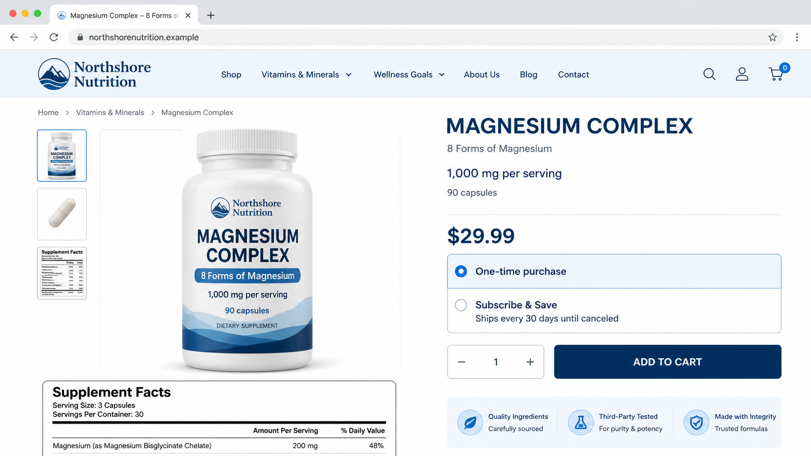 Reconstructed generic magnesium complex product page with one-time and Subscribe and Save options