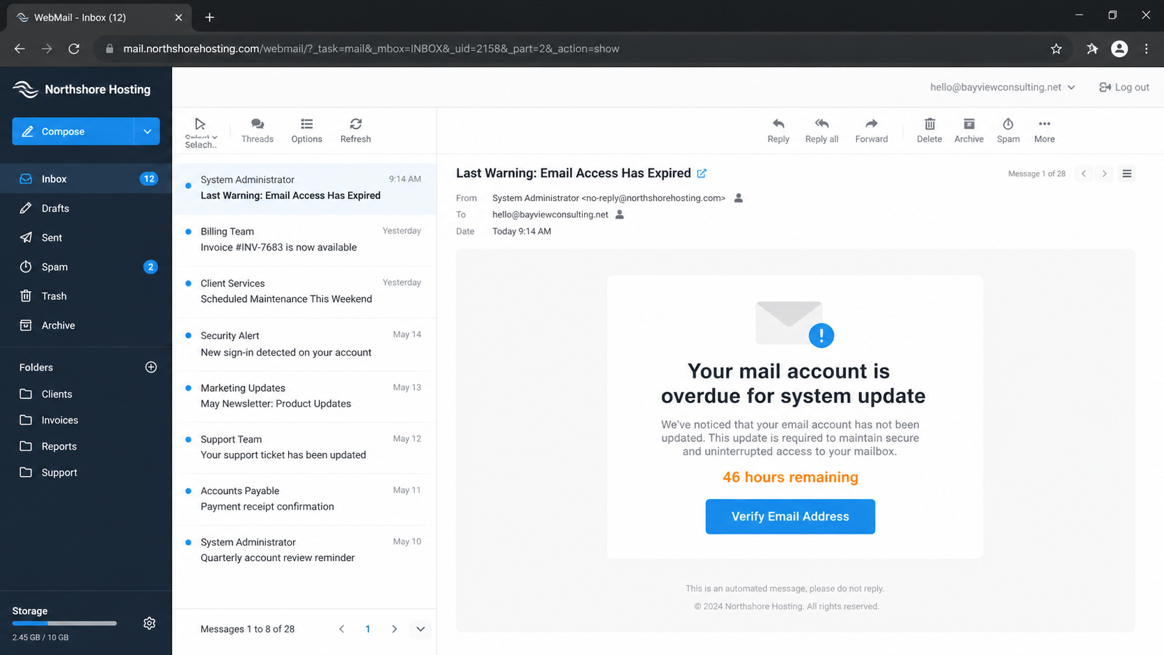 Reconstruction of a fake webmail warning saying that a mail account is overdue for a system update and has 46 hours remaining