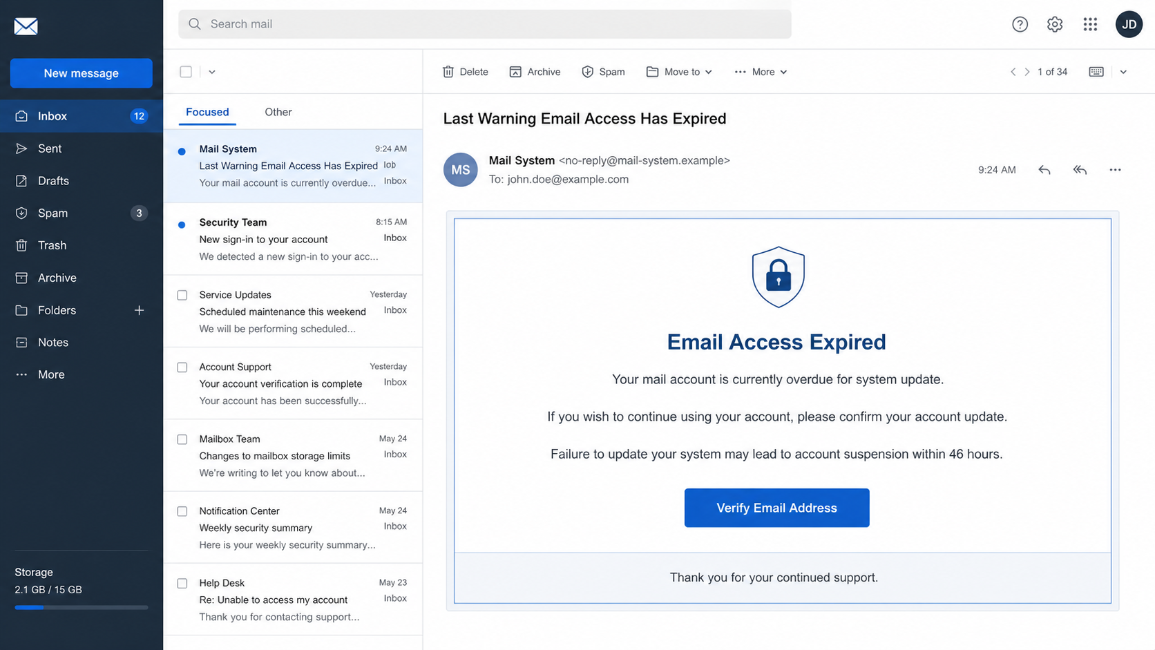 Reconstructed Mail Account System Update phishing email