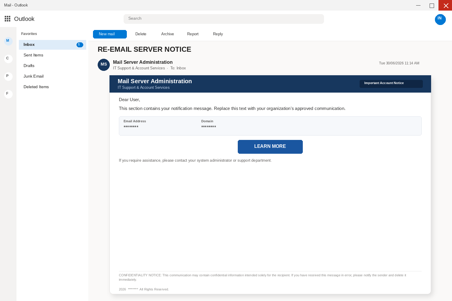Outlook view of a Mail Server Administration email with a LEARN MORE button, leftover replace-this-text wording, and redacted address fields