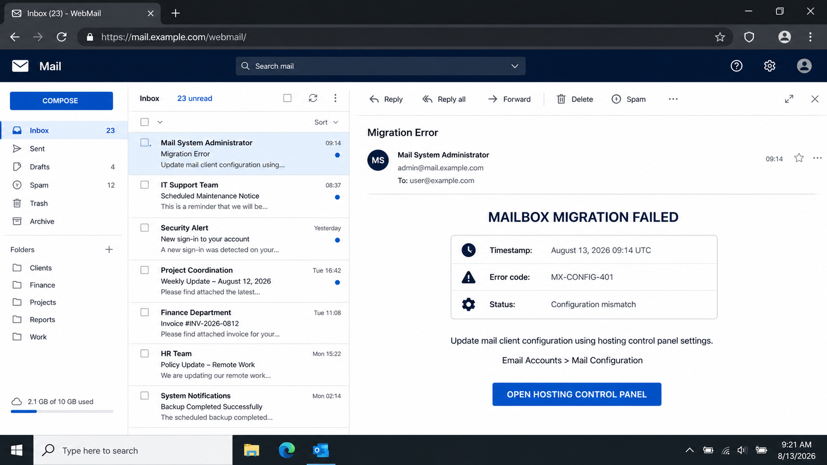 Reconstructed Mail Client Configuration phishing email