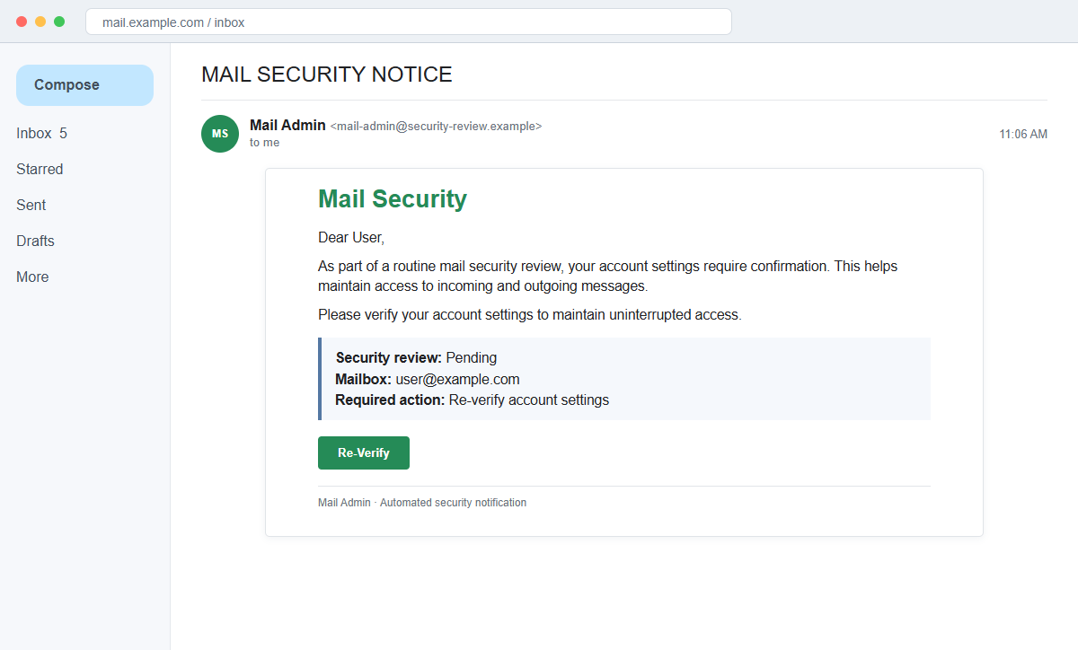 Mail Security Notice Email Scam Can Steal Your Webmail Account Password 1 Reconstruction of the phishing email with the subject Mail Security Notice