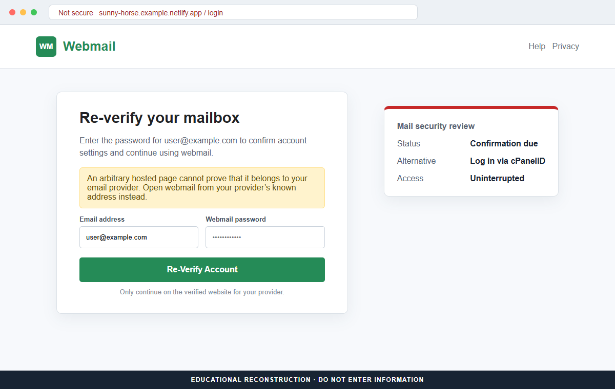 Mail Security Notice Email Scam Can Steal Your Webmail Account Password 2 Reconstruction of the fake webmail re-verification page used by the Mail Security Notice scam