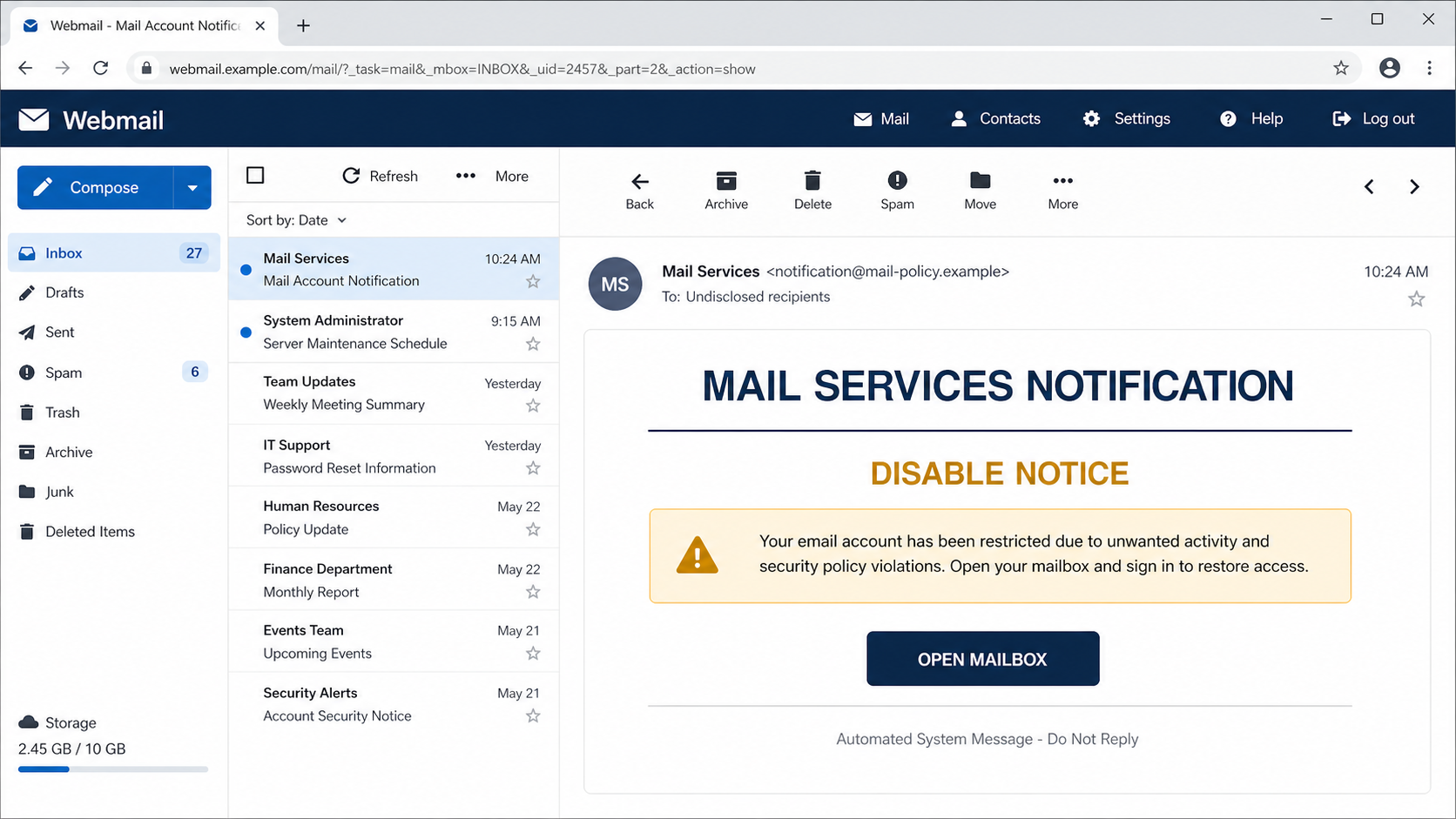Reconstructed Mail Services Disable Notice phishing email