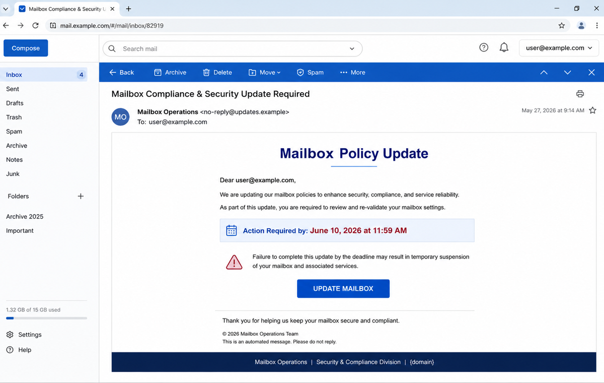 Mailbox Policy Update Email Scam Can Steal Your Password and Entire Inbox 1 Realistic reconstruction of the Mailbox Policy Update phishing email