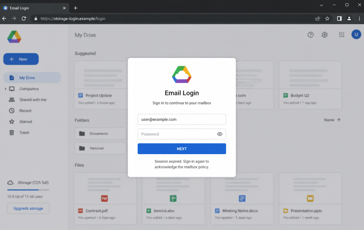 Mailbox Policy Update Email Scam Can Steal Your Password and Entire Inbox 2 Realistic reconstruction of the cloud-hosted fake mailbox login page