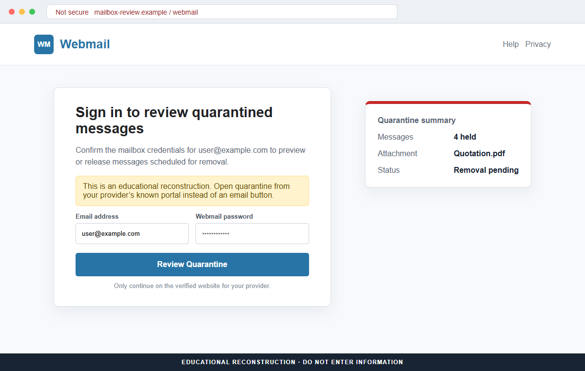 Mailbox Quarantine Alert Email Scam Can Steal Your Entire Webmail Password 2 Reconstruction of the fake webmail login used to review supposed quarantined messages