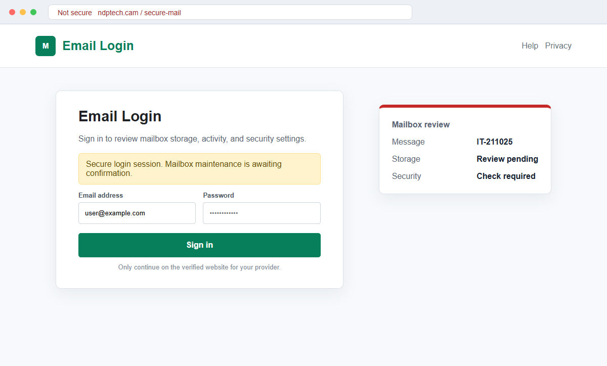 Mailbox Storage Security Check Email Scam Steals Your Account Password 2 Reconstruction of a fake secure email login page with email and password fields