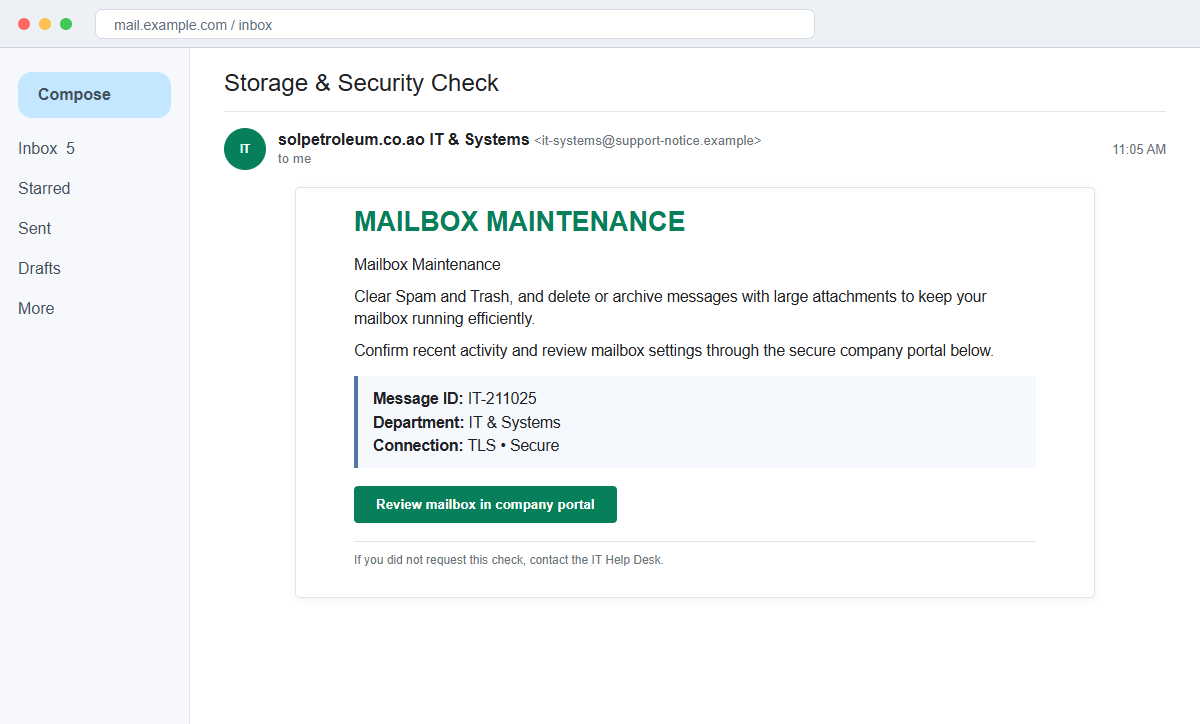 Mailbox Storage Security Check Email Scam Steals Your Account Password 1 Reconstruction of a fake mailbox storage and security check email containing an IT portal link