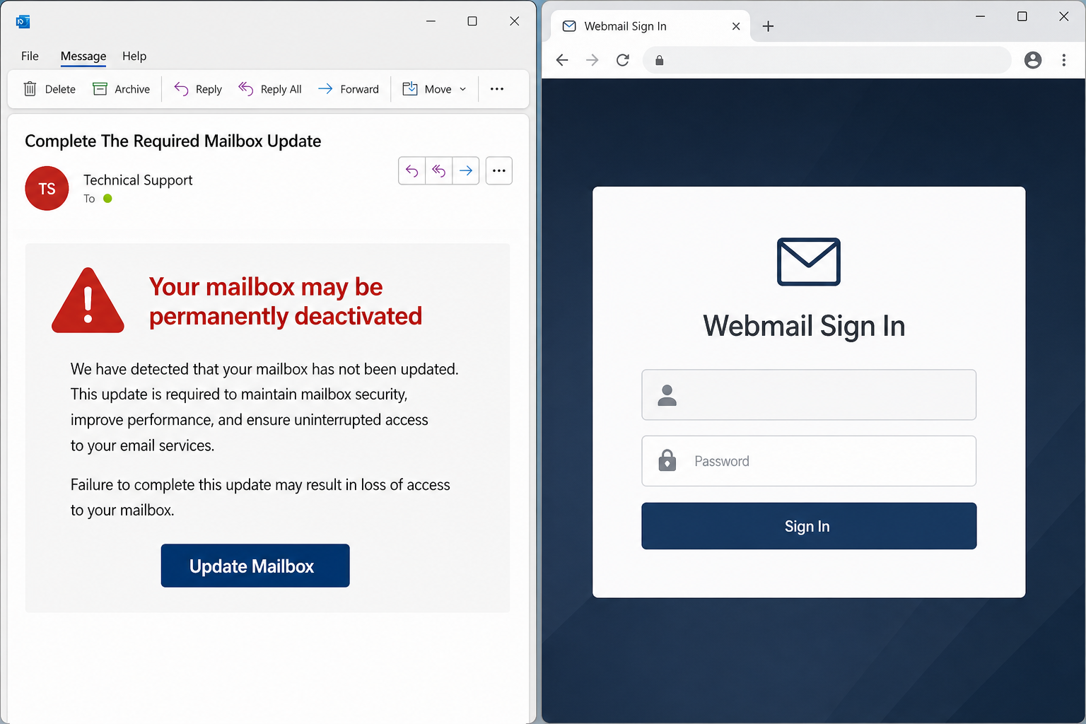 ‘Complete The Required Mailbox Update’ Email Scam: How the Fake Login Steals Passwords 1 Complete The Required Mailbox Update phishing email and fake webmail login page