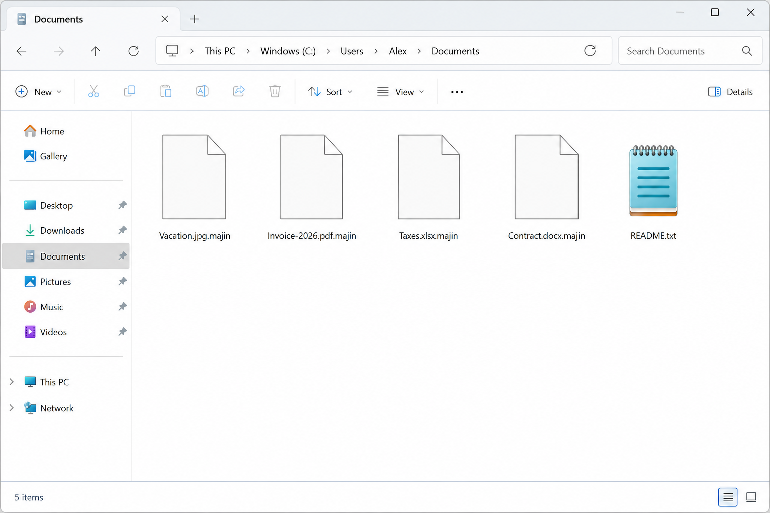 Files locked by MAJINAHANASHI. Names stay, then .majin. README.txt is the note.