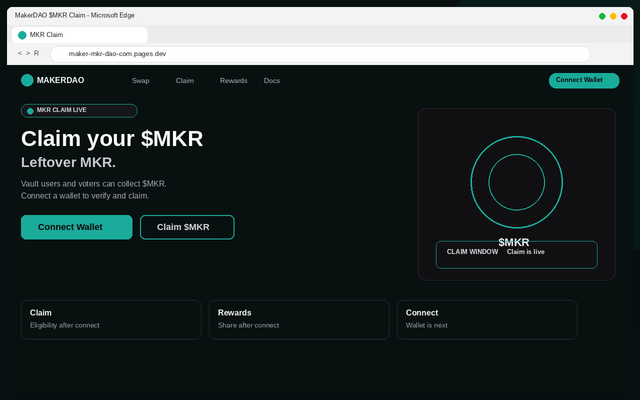 MakerDAO Airdrop EXPOSED: Fake $MKR Claim Pages Drain Wallets 1 Fake MakerDAO $MKR airdrop claim page with Connect Wallet