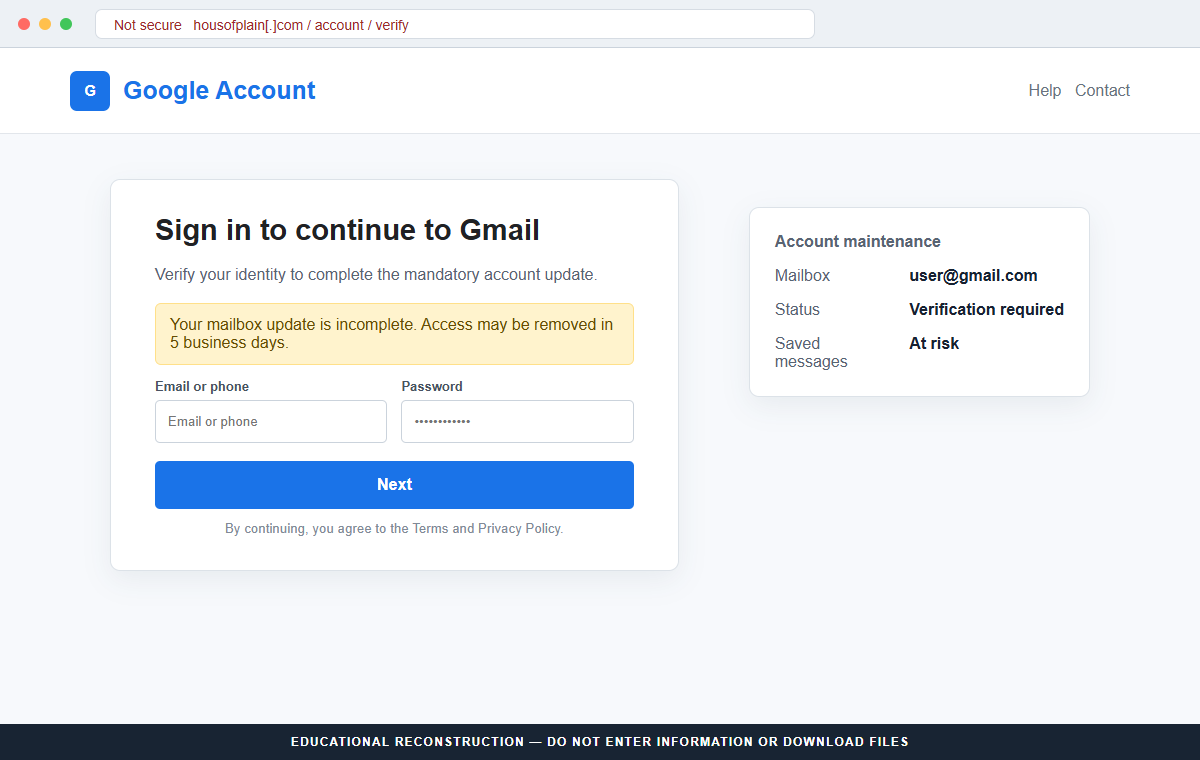 Reconstruction of the fake Gmail login at housofplain.com used by the Mandatory Verification scam