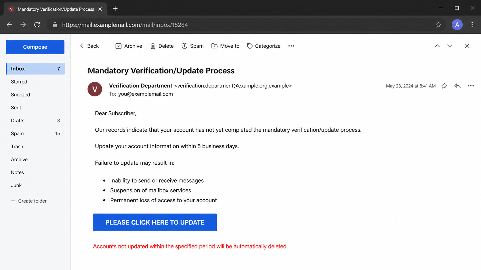 Reconstructed Mandatory Verification Update phishing email