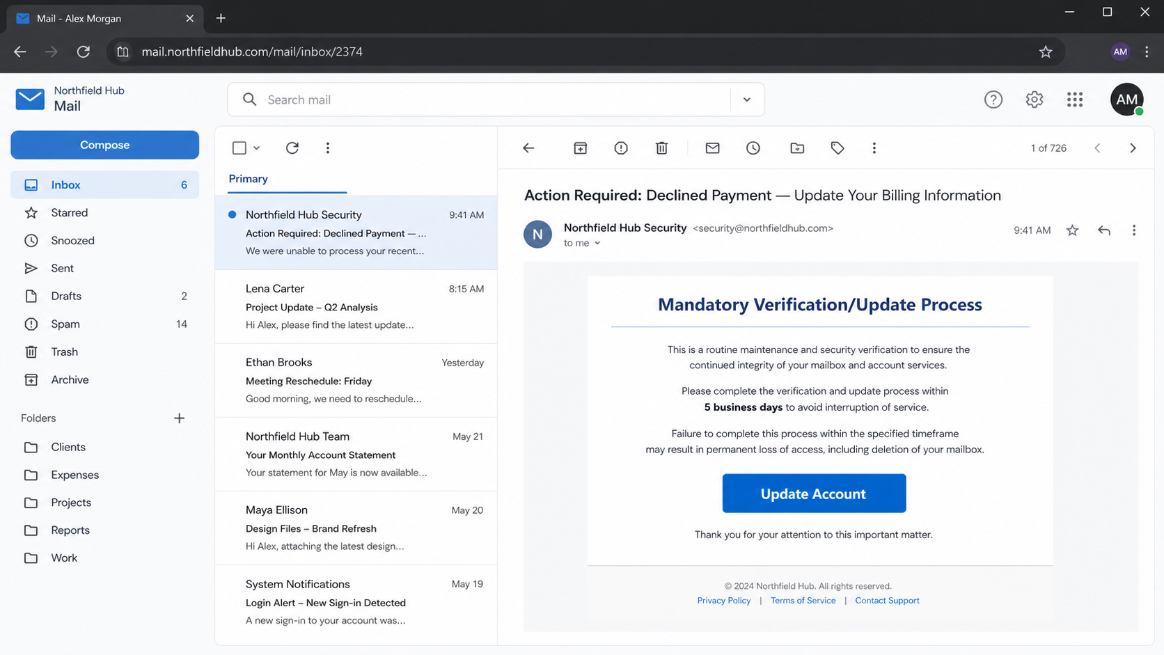 Reconstruction of a fake mandatory verification update email using a five-business-day deadline and an update account button