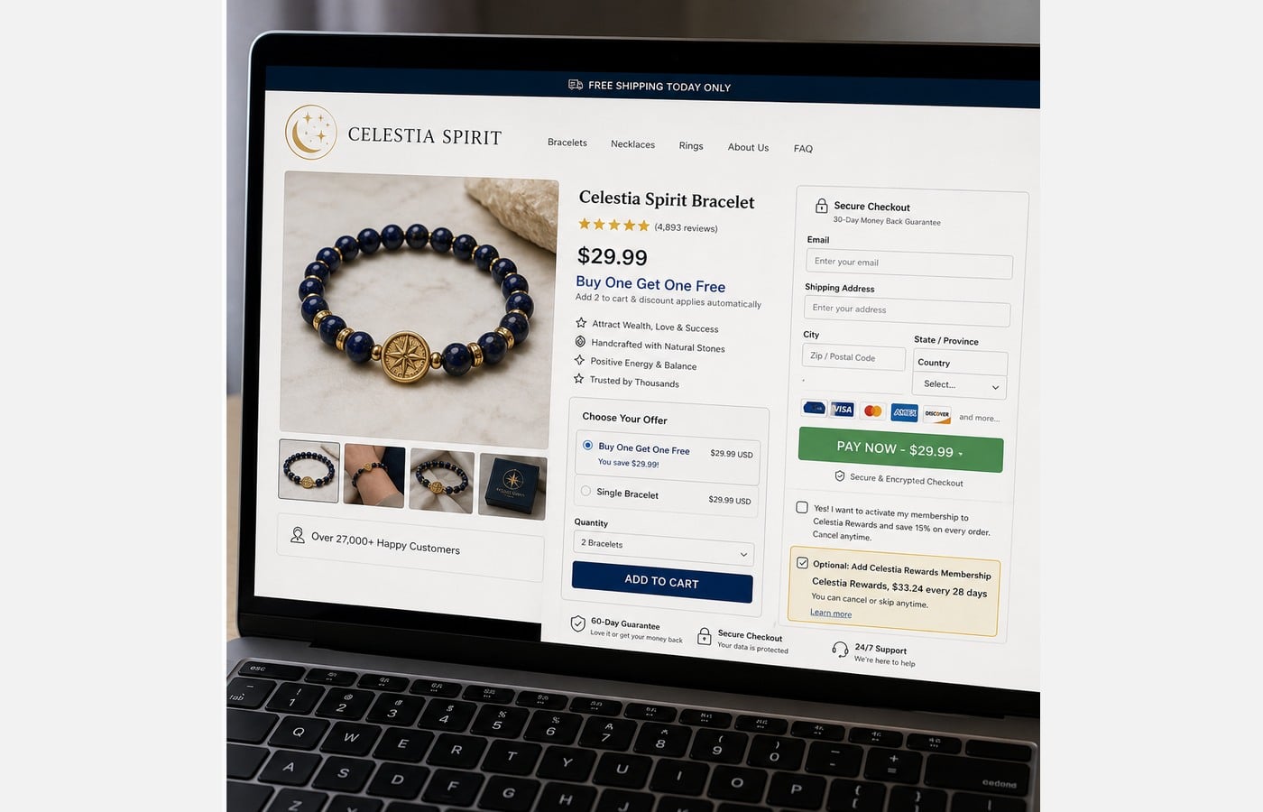 Celebrity Manifestation Bracelet Scam: Fake AI Stories and Hidden Charges 2 Editorial reconstruction of a manifestation bracelet checkout with a recurring membership