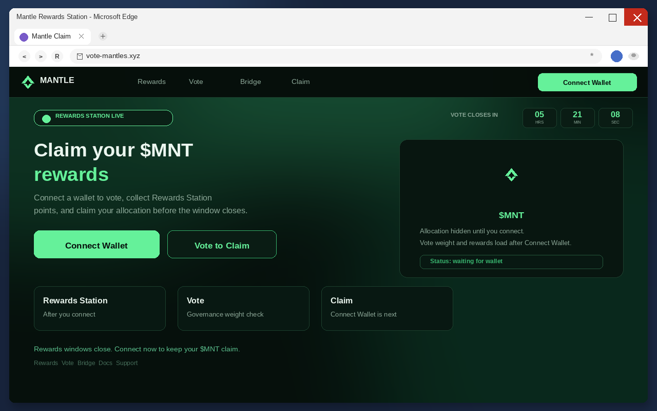 Mantle Airdrop EXPOSED: Fake Claim Pages Drain Wallets 1 Fake Mantle airdrop claim page with Connect Wallet